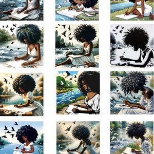 May include: A digital painting of a woman with dark skin and curly black hair sitting by a river and writing in a notebook. She is wearing a white dress and there are birds flying in the sky above her.