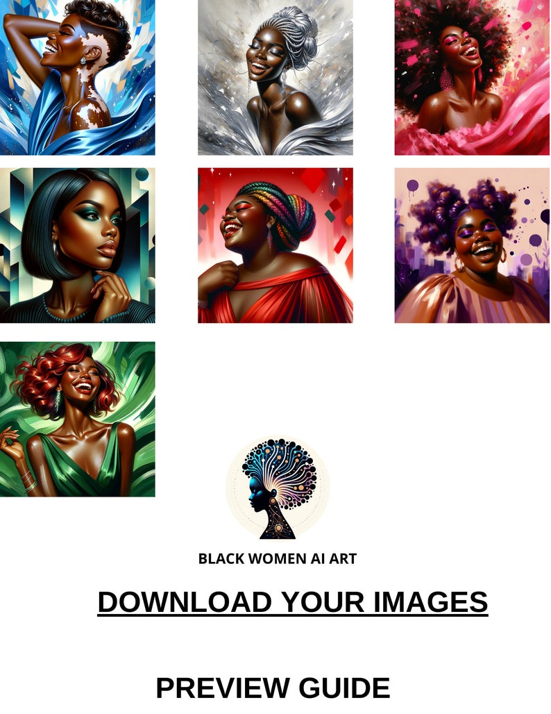 May include: A collage of six digital paintings featuring Black women with vibrant colors and bold expressions. Each painting has a different background and style, showcasing the diversity of Black beauty.