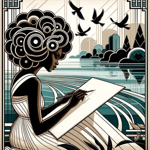 May include: A woman with a large, black and white patterned afro sits at a table, drawing on a blank sheet of paper. She is wearing a white dress with black stripes. The background is a stylized landscape with a blue and green color scheme.