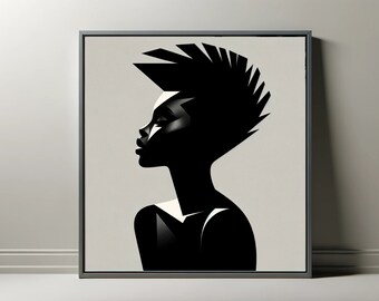 May include: Black and white illustration of a person with a geometric hairstyle. The person is facing to the side and has a serious expression.
