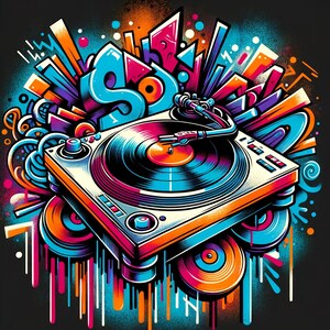 May include: A colorful illustration of a record player with a black vinyl record on the turntable. The record player is surrounded by colorful abstract shapes and splatters of paint.
