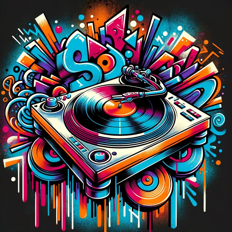 May include: A colorful illustration of a record player with a black vinyl record on the turntable. The record player is surrounded by colorful abstract shapes and splatters of paint.