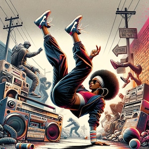 May include: A young person wearing a black and blue outfit is breakdancing in front of a brick wall. The person is wearing a headband and has a microphone in their ear. There are several vintage boomboxes in the background. The text on the sign reads "Stay Woke Be Lit" and "Keysre".
