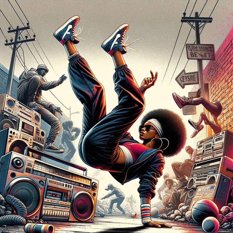 May include: A young person wearing a black and blue outfit is breakdancing in front of a brick wall. The person is wearing a headband and has a microphone in their ear. There are several vintage boomboxes in the background. The text on the sign reads "Stay Woke Be Lit" and "Keysre".