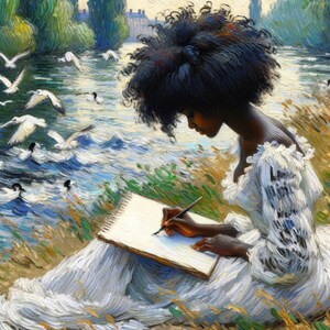May include: A woman with dark curly hair sits by a river, sketching in a notebook. She is wearing a white dress with lace detailing. The river is filled with small white birds and the background is a lush green landscape.