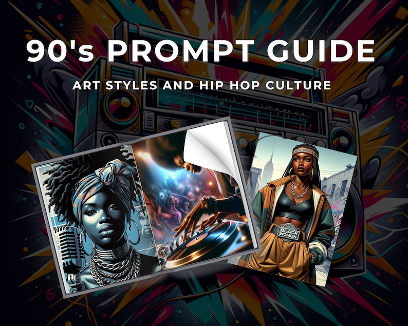 May include: A guide to 90's art styles and hip hop culture, featuring three illustrations: a woman with a microphone, a DJ mixing music, and a woman in a stylish outfit.
