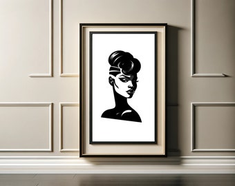 May include: Black and white illustration of a woman with a short, styled haircut. The woman is looking to the side and has a serious expression on her face.