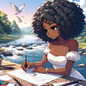 May include: A woman with dark brown skin and long, curly black hair sits by a river, sketching on a piece of paper. She is wearing a white off-the-shoulder dress and has a necklace on.