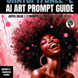 May include: A digital illustration of a woman with a large afro hairstyle. She is smiling with her mouth open and has pink eyeshadow and large hoop earrings. The background is a pink and white abstract design.