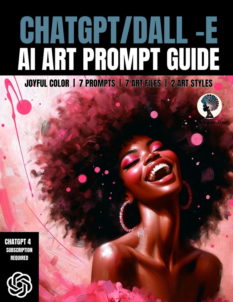 May include: A digital illustration of a woman with a large afro hairstyle. She is smiling with her mouth open and has pink eyeshadow and large hoop earrings. The background is a pink and white abstract design.