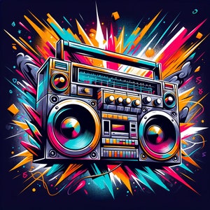 May include: A vintage-style boombox with a colorful abstract background. The boombox is silver and black with large speakers and a cassette player.