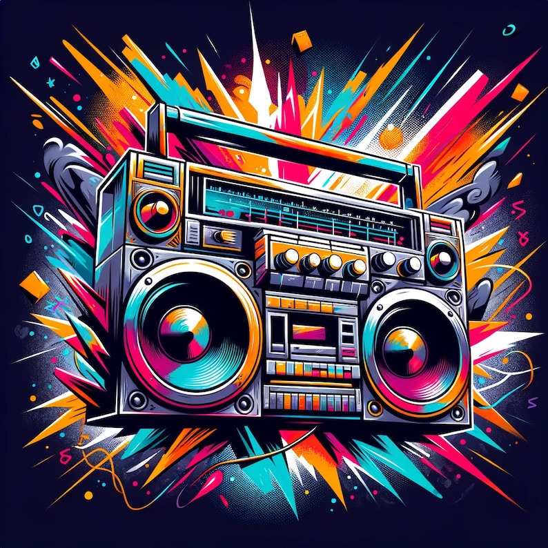 May include: A vintage-style boombox with a colorful abstract background. The boombox is silver and black with large speakers and a cassette player.