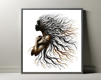 Rooted Rhapsody, Digital Prints, AI Art, Download Black Woman Portrait, Wall Art, Modern Wall Decor
