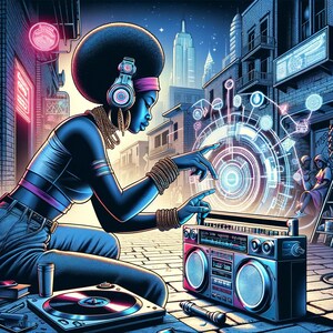 May include: A woman with a blue and pink headband and headphones is interacting with a futuristic interface. She is wearing a blue and black outfit and has a large silver boombox in front of her. The boombox has a cassette player and a CD player.
