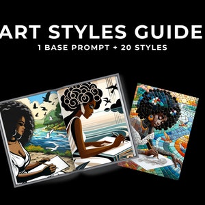 May include: A guide to different art styles featuring three illustrations of a woman drawing in different styles. The text on the cover reads "Art Styles Guide 1 Base Prompt + 20 Styles".