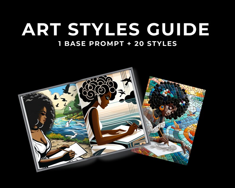May include: A guide to different art styles featuring three illustrations of a woman drawing in different styles. The text on the cover reads "Art Styles Guide 1 Base Prompt + 20 Styles".