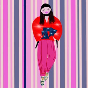 Peut inclure: Illustration d'une personne vêtue d'un haut rouge avec un nœud bleu foncé, d'un pantalon rose et de chaussures jaunes. La personne a les cheveux noirs et se tient devant un fond rayé rose, violet et bleu.