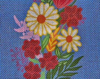 May include: A colorful needlepoint design featuring a bouquet of flowers on a blue background. The flowers include red tulips, yellow daisies, and pink and red flowers.