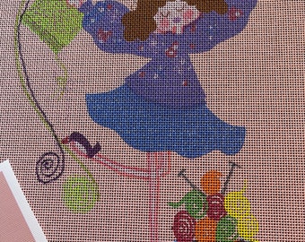 Knitting Girl Needlepoint Canvas – Mono Deluxe Needlepoint Design, Gift for Knitter, Can be Personalized,