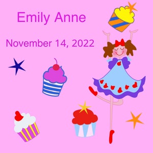 May include: A pink background with the text "Emily Anne" and "November 14, 2022". A cartoon girl with brown hair and a blue dress is holding a yellow cupcake with a star on top. There are three cupcakes on the background, one with pink frosting, one with red frosting, and one with white frosting. There are two stars, one blue and one orange.