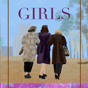 May include: Book cover with the title "Lilac Girls" in purple text and the author's name "Martha Hall Kelly" in white text on a pink background. Three women in coats are walking away from the viewer on a path.