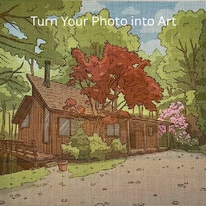 May include: A needlepoint canvas featuring a printed illustration of a brown cabin nestled among green trees and a vibrant red maple tree. The text 'Turn Your Photo into Art' is printed in white at the top. A small wooden bridge and a flower pot are visible.