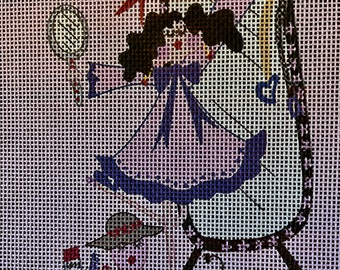 Makeup Needlepoint Design, Olivia at her Mirror, Custom Needlepoint, Custom Drawing, Quality Mono Canvas, Can be personalized,