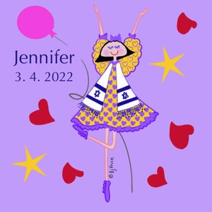 Puede incluir: Un fondo morado con una niña de dibujos animados que lleva un vestido amarillo con corazones y una bufanda blanca con una estrella de David azul. La niña sostiene un globo rosa y hay corazones rojos y estrellas amarillas esparcidos a su alrededor. El texto "Jennifer 3.4.2022" está en la parte superior de la imagen.