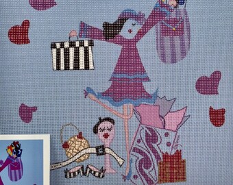 Needlepoint Canvas, Shopping Girl, Fashion Illustration, DIY Gift, Mom Gifts, Fashion Runway,