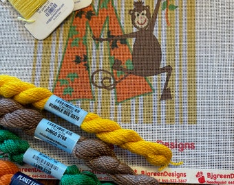 Monkey 'M' Letter Needlepoint Canvas, Custom Monogram Art, 8 inch