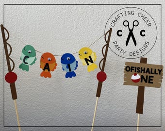 Fish Party - OFISHALLY ONE with NAME - Fishing Pole Cake Topper - *Handmade to Order*