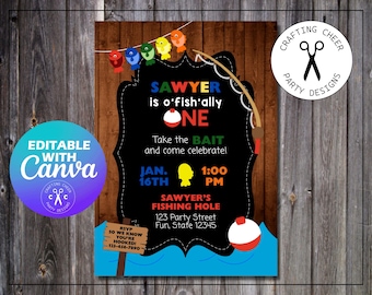 Fishing Party OFISHALLY ONE Birthday Invitation - EDITABLE Printable Design
