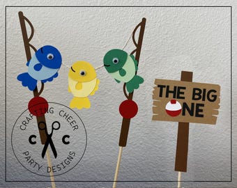 Fish Party Cake Topper – Fishing Pole & Sign Set - Made to Order