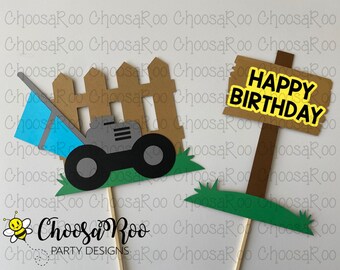 LAWN MOWER Birthday Party - Handmade Decorations - "Happy Birthday" Cake Topper 2Pc Set- *Made to Order*
