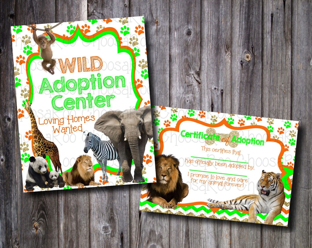 WILD ANIMAL ADOPTION Pet Party Decor Certificate & Sign Easy to Print