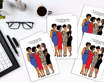 May include: Four women stand together in a line, smiling. They are wearing dresses in shades of blue, red, and black. The woman in the middle is wearing a leopard print dress. The text "A sweet friendship refreshes the soul" is written on the card.