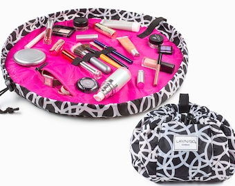 Lay-n-Go COSMO (20") : Black and Pink Rings Cosmetic Bag, Travel Organizer, Makeup Pouch