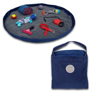 Lay-n-Go TRAVEL DOG BED: (44") Blue and Gray Dog Bed Mat Converts to Transportable Bag