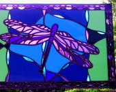 Panneau de vitrail libellule, bleu violet et vert 21 " superbe panneau de fenêtre fabriqué à la main