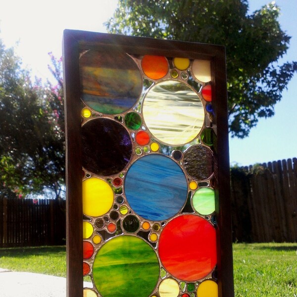Stained Glass Panel, Multi Colored Suncatcher Geometric Abstract Circles Glass Art with Wood Frame Stand