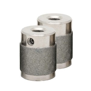 May include: Two cylindrical grinding bits featuring a smooth, polished silver-toned metal top and bottom section, with a coarse, dark gray abrasive grit surface around the center. Each bit has a threaded hole at the top and a side screw.