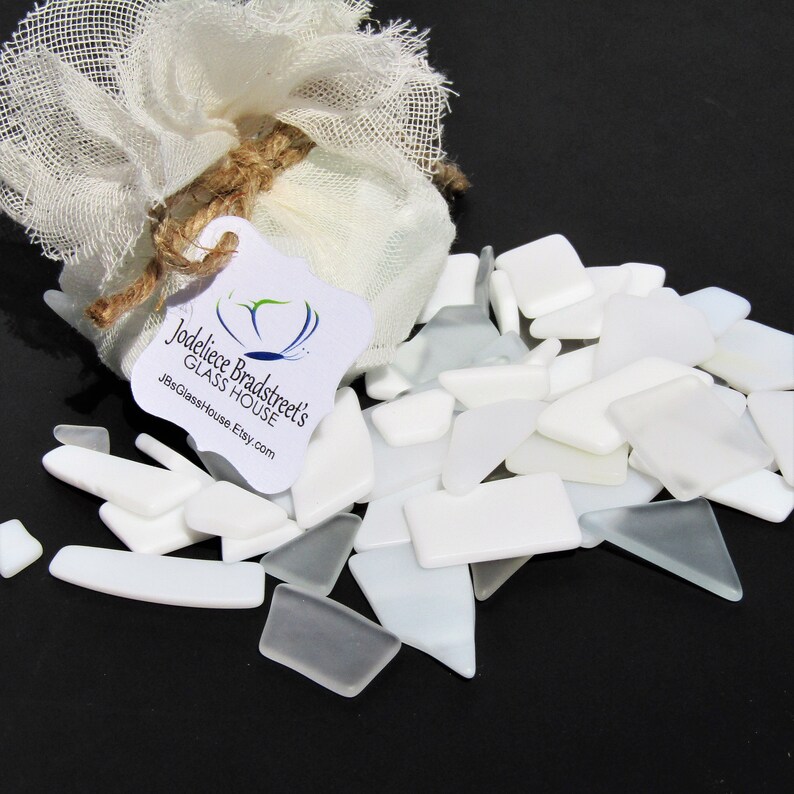 White and Clear Tumbled Stained Glass Smooth Mosaic Tesserae Over 50 Pieces Manmade Sea Glass 3 oz Bulk Package
