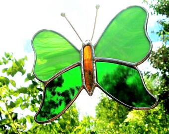 Green Stained Glass Butterfly Suncatcher, Housewarming Home and Garden Decor, Handmade to Order Gift