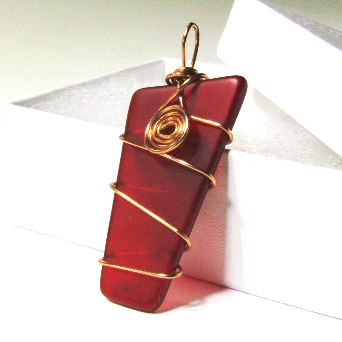 Copper Wire Wrapped Stained Glass Pendant Red Tumbled Stained Etsy