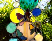 Butterflies on Circles Custom Stained Glass Suncatcher, Made to Order, Choose Your Colors