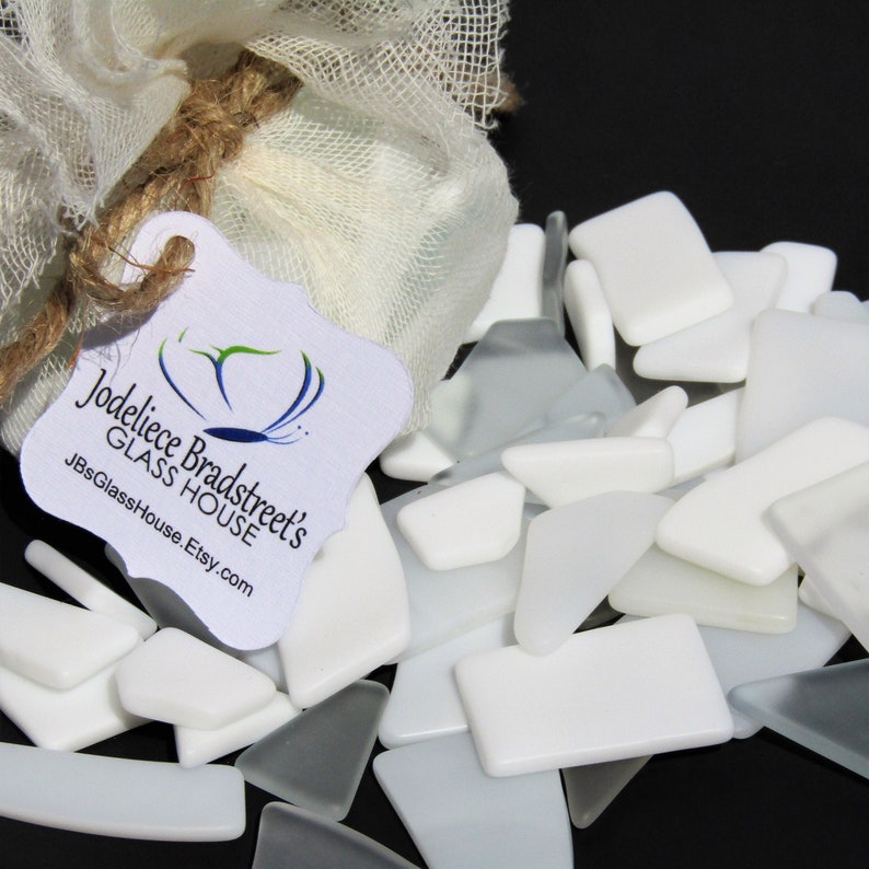 White and Clear Tumbled Stained Glass Smooth Mosaic Tesserae Over 50 Pieces Manmade Sea Glass 3 oz Bulk Package