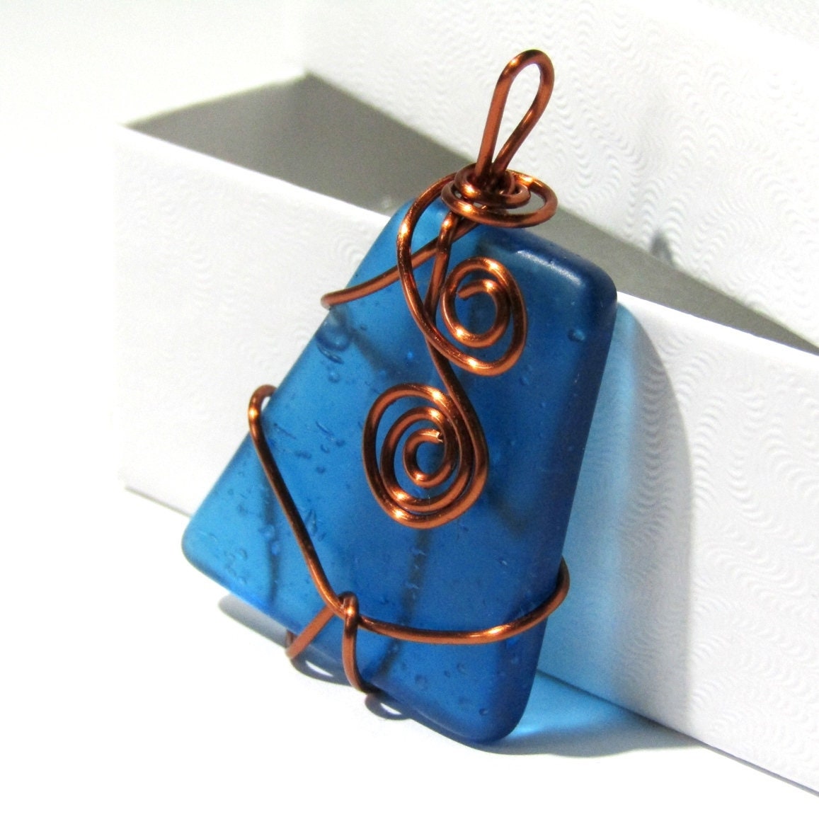 Copper Wire Wrapped Stained Glass Pendant Aqua Turquoise Blue Etsy