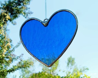 Blue Heart Stained Glass Suncatcher, Housewarming Window Decor, Handmade to Order Valentine Gift