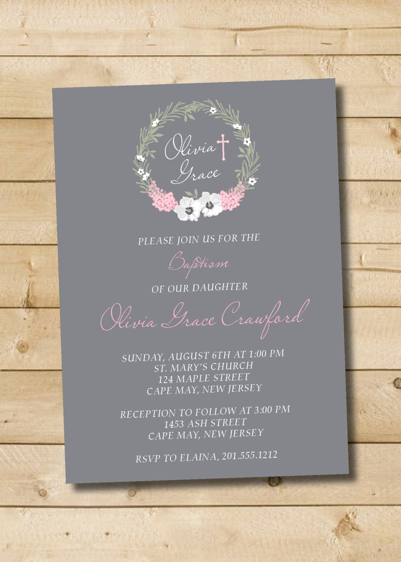 Modern Floral Wreath Baptism Christening Invitation Digital Etsy