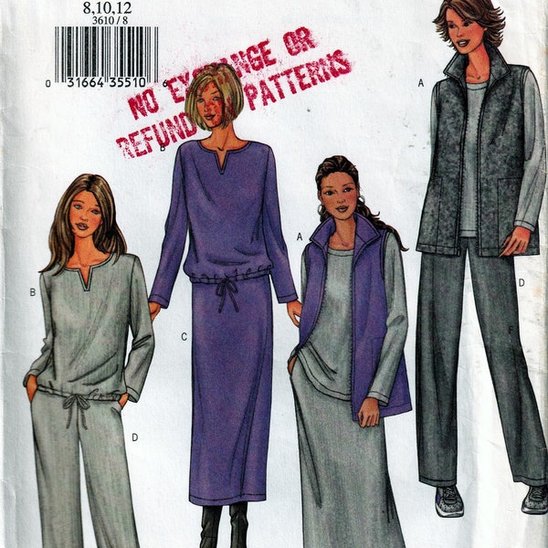 Butterick 3610 Womans Casual Pullover Top Above Ankle Skirt Pull On Pants Loose Vest Uncut Easy Sewing Pattern Size 8 10 12